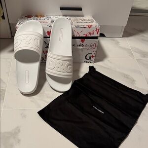 Dolce & Gabbana White D&G Embossed Slides